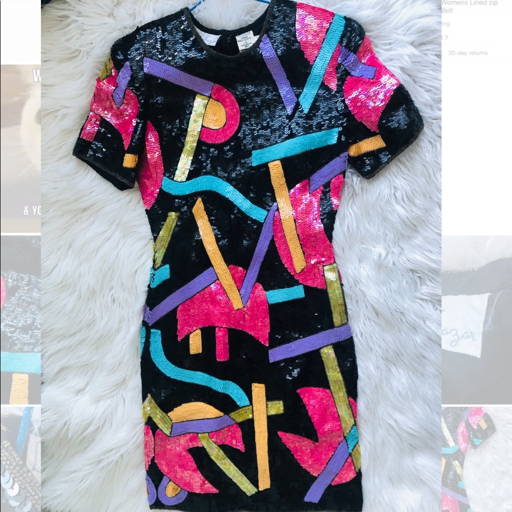 Laurence Kazar Dress Sequin Sz S, Silk Multi-color